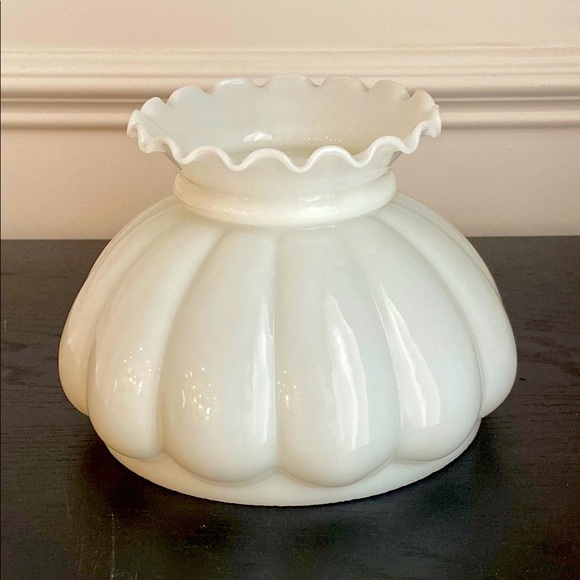 Vintage White MilkMelon Oil or Electric Glass Lamp Shade Ruffle Top D-7” Fitter